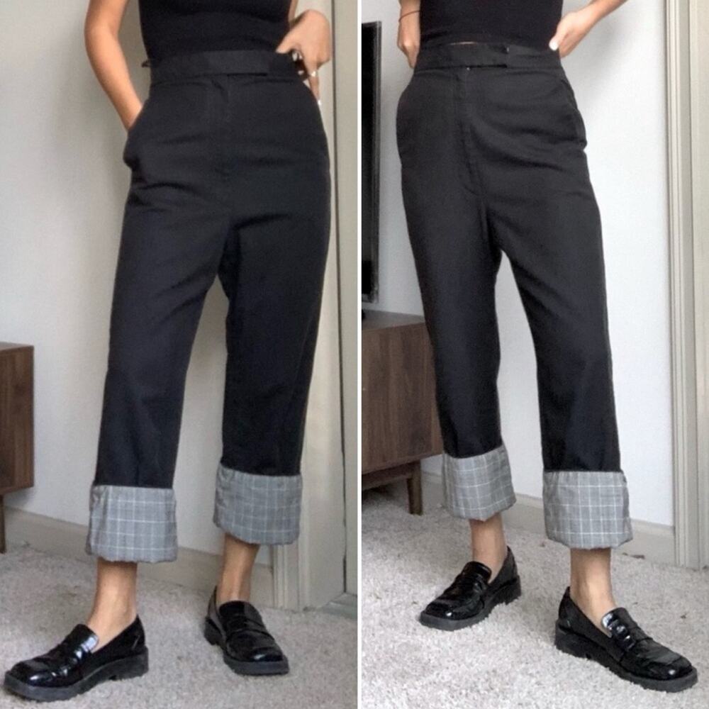 Helmut Lang $495 Womens Black Trouser Pant w Plaid Trim Inner Cuff Size 2